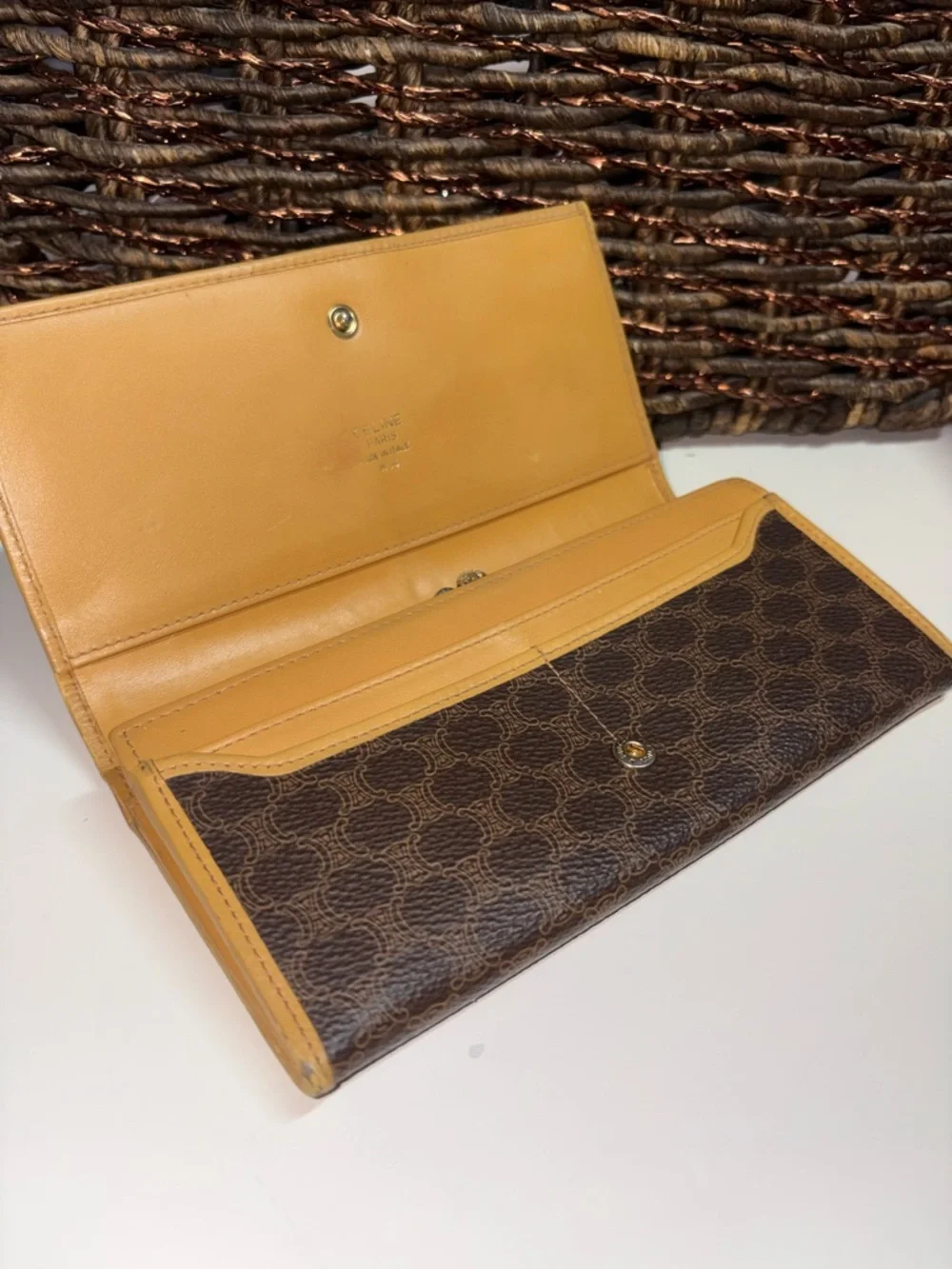 Vintage Celine Macadam Brown & Tan Long Wallet Kisslock Clutch